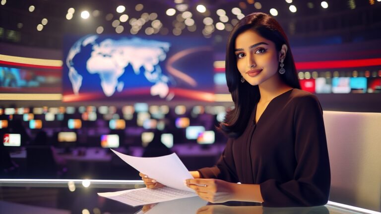 Indoor,Photo,Of,Imagine,Tv,News,Anchor,Presenter,Sitting,Behind